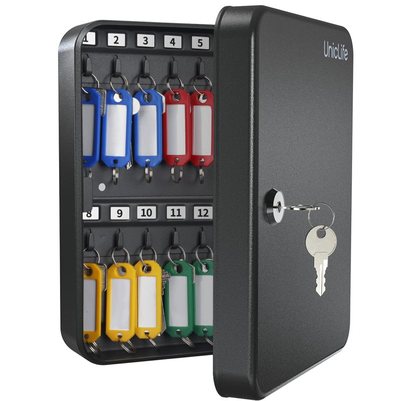 Uniclife Steel Key Cabinet Wall Mounted Organizer - 28 Keys, 2 Unlocking Keys - Black Frosted Security Box with Hooks and Color-Coded Labels - Image 1